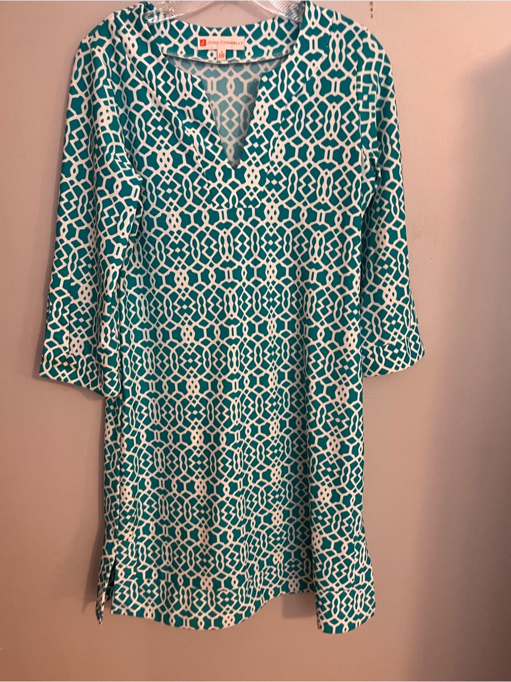 Jude Connally Teal & White Geometric V-Neck Tunic